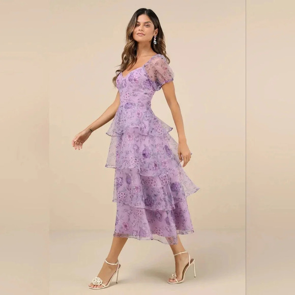 Lulu's Oh-So Stunning Purple Floral Organza Tiered Midi Dress S Wedding Party - Picture 3 of 10
